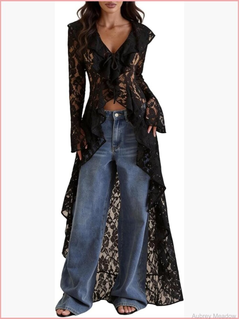 Lace Cardigan Open Front Bell Sleeve Maxi Duster Cover Up